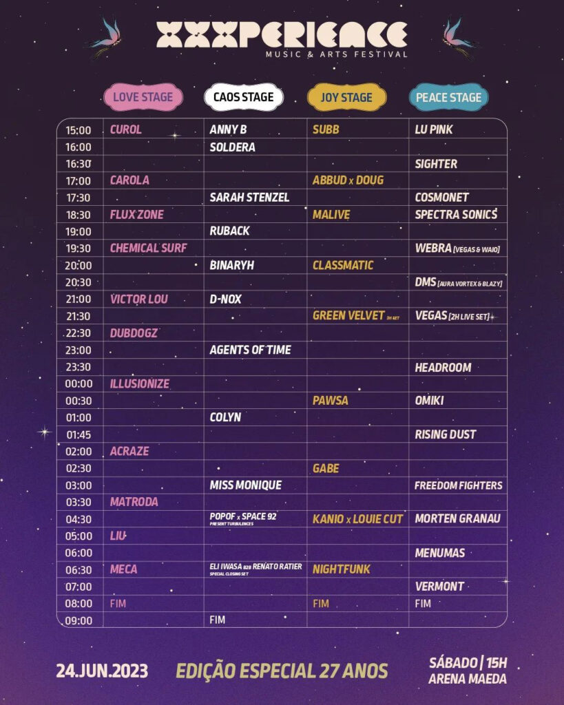 XXXPERIENCE 2023 - Timetable dos djs 24 de Junho